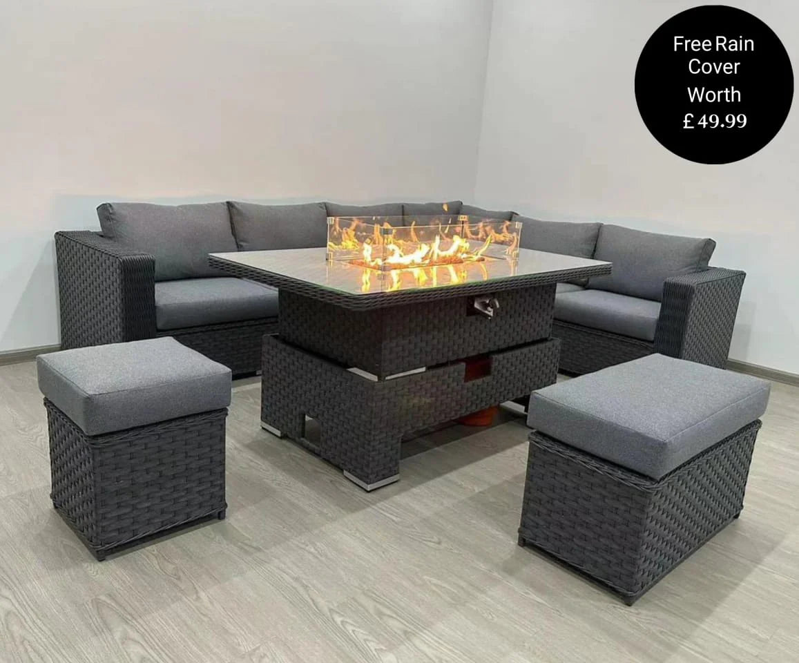 Buxton Rattan Garden Rising Corner Dining Set With Fire Pit (Free Rain Cover)