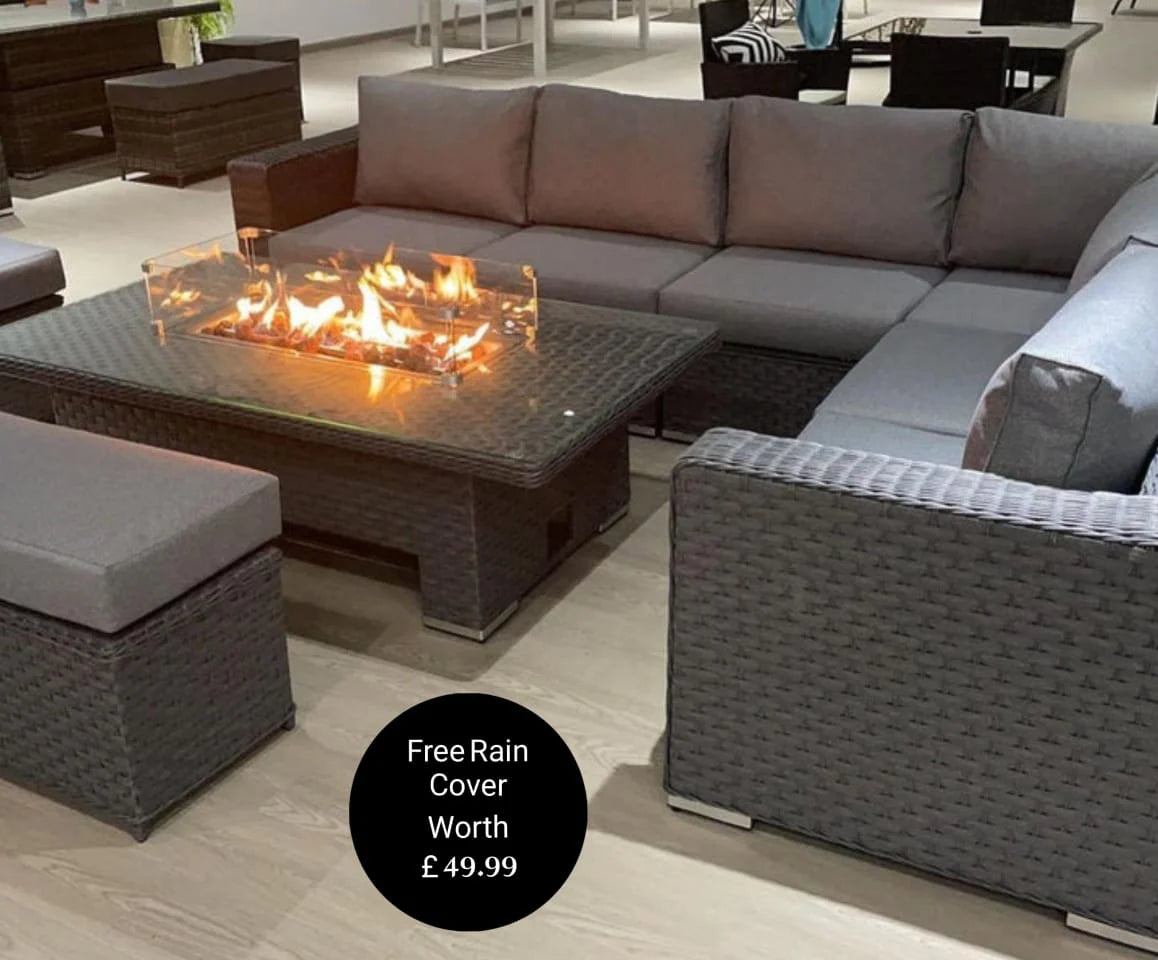 Buxton Rattan Garden Rising Corner Dining Set With Fire Pit (Free Rain Cover)